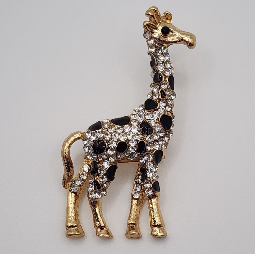 Giraffe Enamel and Rhinestones Brooch Black Spots & Clear Stones Jungle Animal